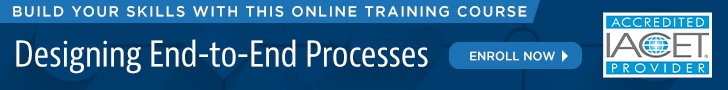 Banner promoting APQC's Designing End to End Process Online Training Course on a light blue background with a barely visible process map in the background