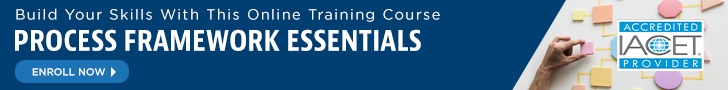 Banner with an image of a person's hand at a whiteboard with process map shapes on it promoting APQC's Process Frameworks Online Training Course