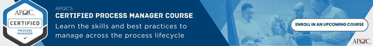 Text ad with a blue background with a photo of people talking and APQC's Process Manager certification logo. The text says Become a certified process manager. Learn the skills and best practices to manage across the process lifecycle.  Enroll in an upcoming course.