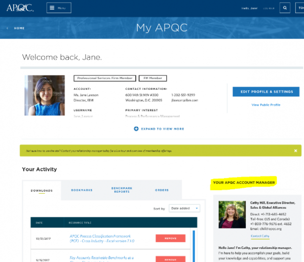 This is a screenshot of your My APQC page where you can locate the account manager