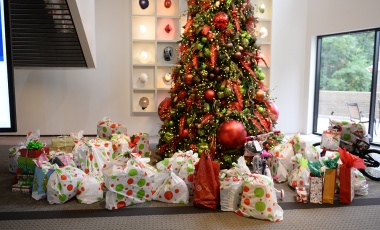 A photo of a Christmas tree with lots of presents surrounding the bottom.