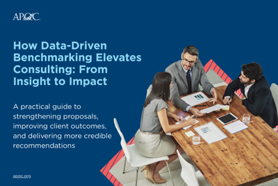 This is the front cover of a report that discusses how to use benchmarking for better consulting results. 