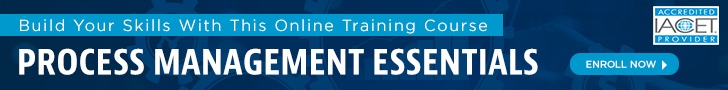 Dark blue banner with barely visible images of gears in the background. Ad is promoting APQC's Process Management Essentials Online Training Course
