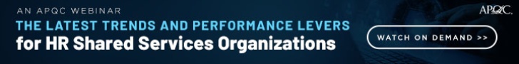 Dark blue banner with webinar title: The Latest Trends and Performance Levers for HR Shared Services Organizations and call to action to watch on demand