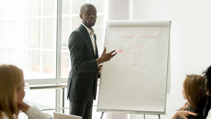 business man presenting to a group with a flip chart