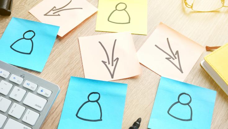 A bunch of post it notes with people and arrows