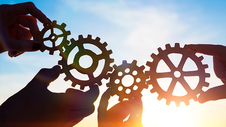 hands holding gears working together