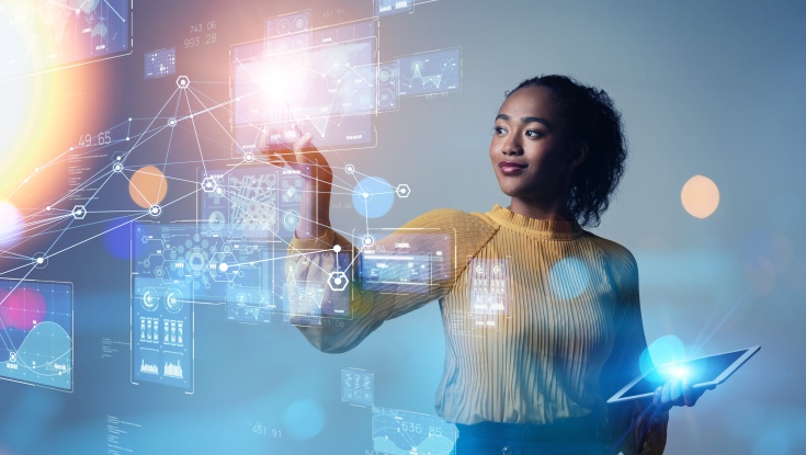 Digital transformation concept. Woman touching a digital screen with metrics