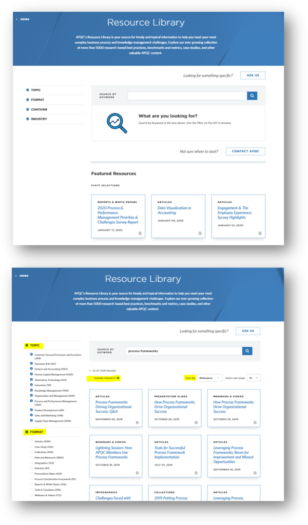 resource library home page and search