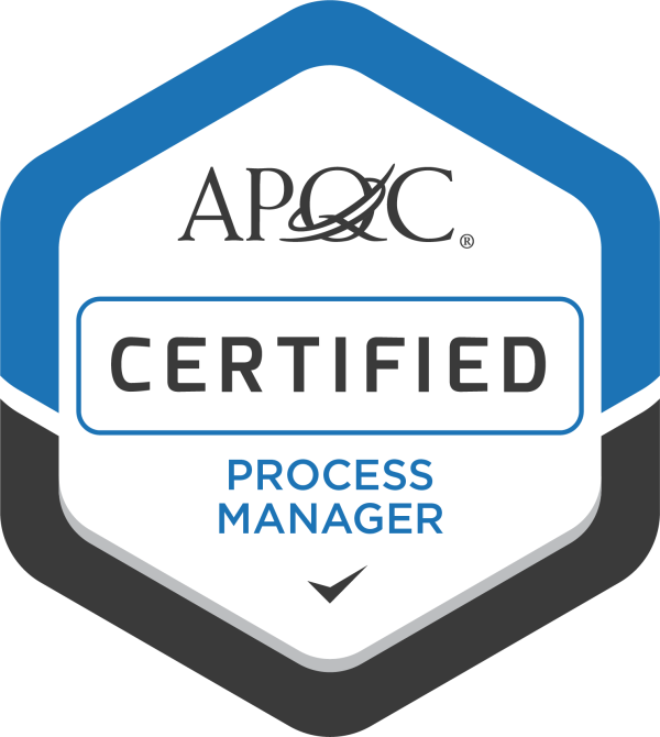 This is a picture of a black and blue badge showing someone is a certified process manager through APQC