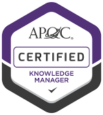 A picture of a badge that is purple and gray and black that says Certified Knowledge Manager