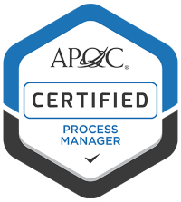 A picture of a badge with the APQC logo on the top and the word certified in the middle and process manager below