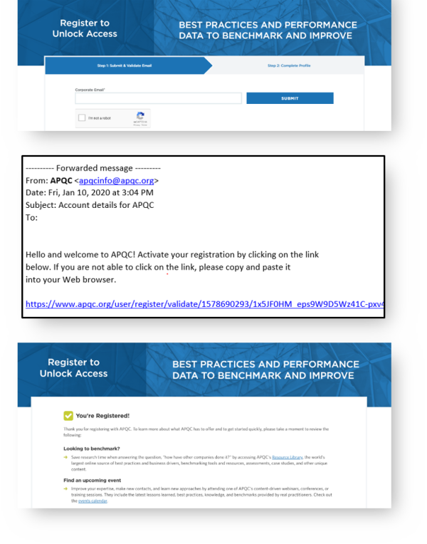 This a picture of three steps of the APQC registration process that the user will encounter