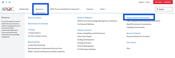 Image of the APQC Navigation menu pointing to the organization assessment area of the drop down menu