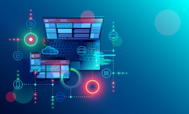 Image of laptop with icons representing different types of content and connections to content