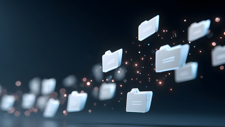 Floating digital folders connected by glowing particles represent cloud-based file management and information sharing.