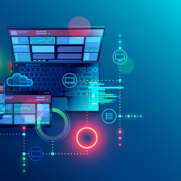 Image of laptop with icons representing different types of content and connections to content
