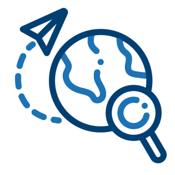 Icon image of a globe with a magnifying glass