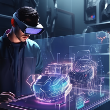 Image of a male with goggles on looking at futuristic technology of a hologram in a laboratory.