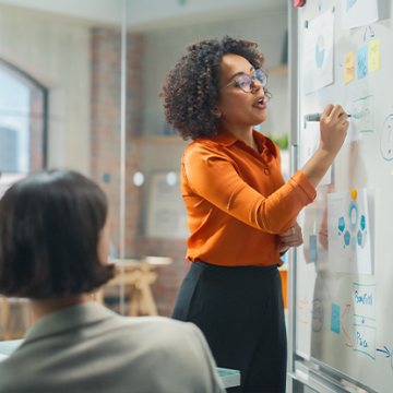 Woman writing on white board, explaining AI and Process