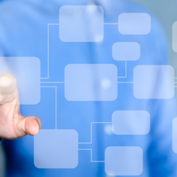 Man pointing to icons in a process map
