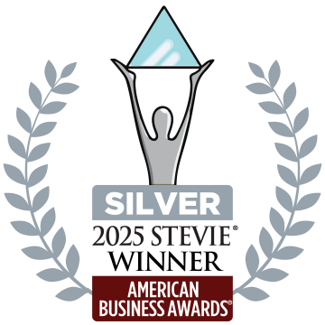 A logo of a person holding up an award for a silver stevie