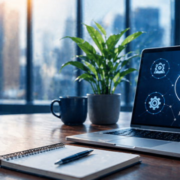 A laptop displaying AI and analytics icons sits on a desk beside a notebook, pen, coffee mug, and plant in a modern office.