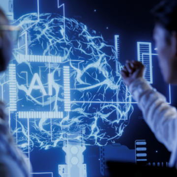 Two people examine a glowing digital brain labeled AI on a futuristic screen.