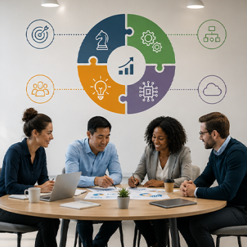 A diverse team collaborates around a conference table beneath a wall graphic illustrating key business and technology strategy concepts.