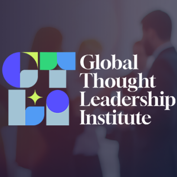 The Global Thought Leadership Institute logo appears over a blurred background of professionals networking at an event.