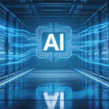 A glowing AI chip connects rows of server racks in a modern data center.