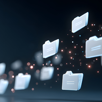 Floating digital folders connected by glowing particles represent cloud-based file management and information sharing.
